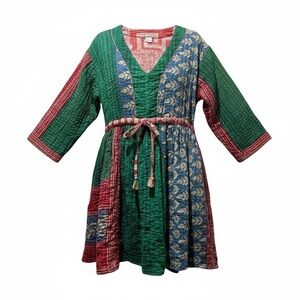 Kantha Long Sleeve Knee Length Dress, Circle Skirt, Pink, Green, Blue, Size XL